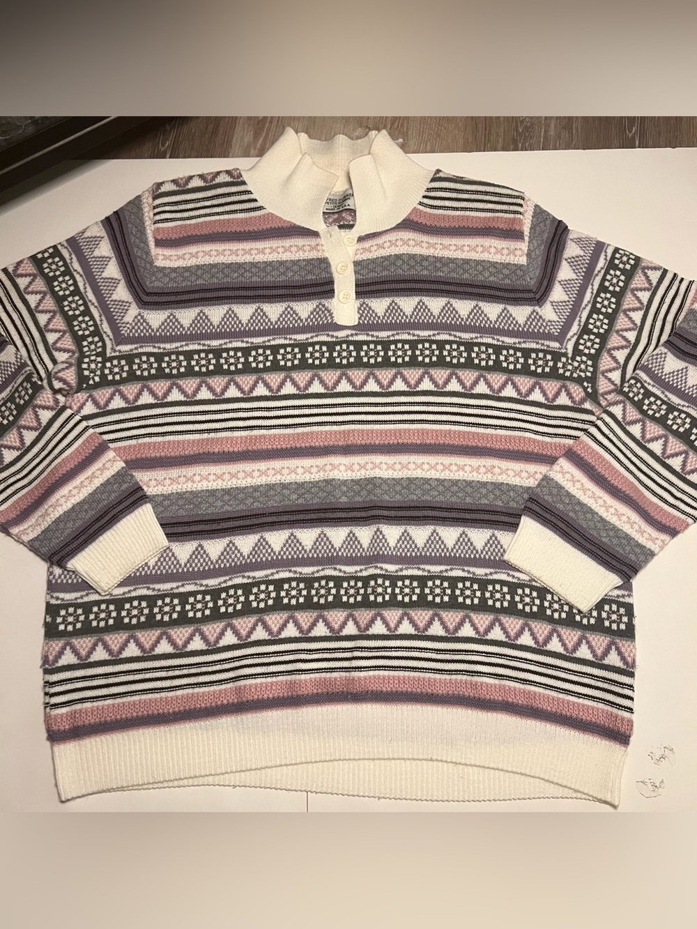 Alfred Dunner Cream Pullover Sweater with Pink and Lavender Fair Isle Stripes